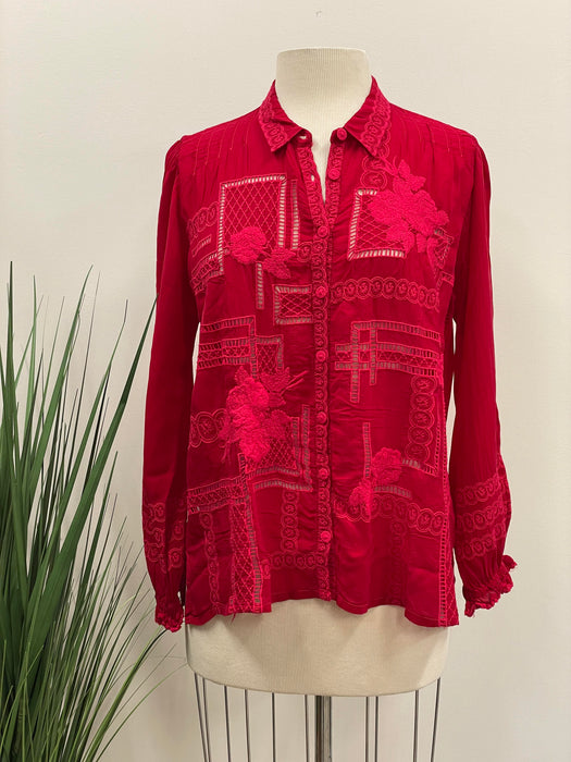 Johnny Was Calvin Cutout Embroidered Long Sleeve Blouse Boho Chic C18322