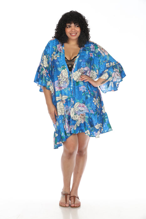 Johnny Was Blue Dove Ruffle Swim Cover-Up Kimono Plus Size CSW5123-NX