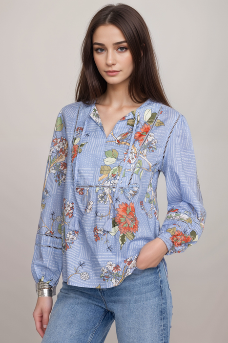 Johnny Was Mosaic Curved Hem Prairie Cotton Blouse