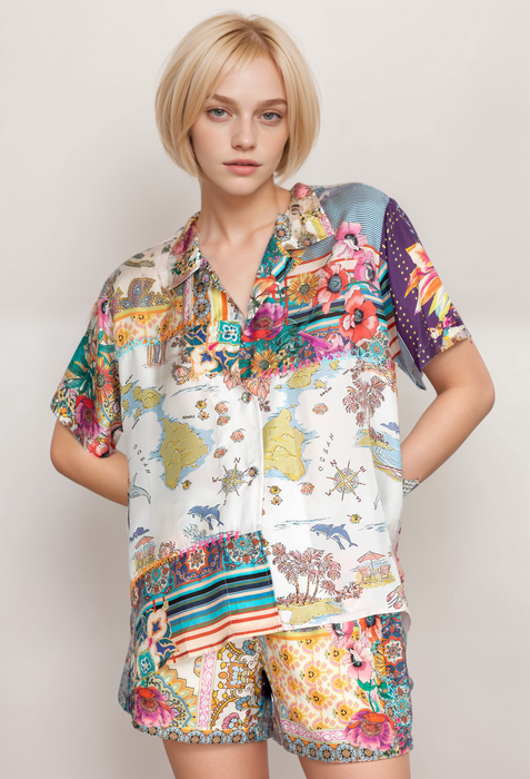 Johnny Was Multicolor Logan Jules Button Up Silk Top C13222