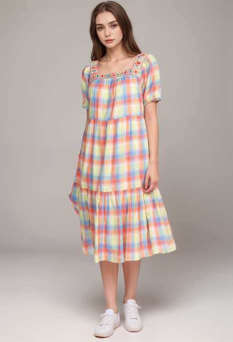 Johnny Was W30022 Delacey Plaid Square Neck Midi Dress