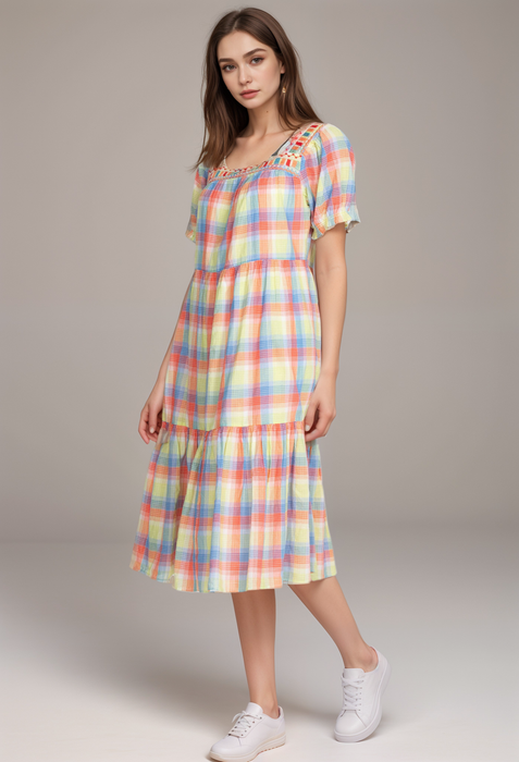 Johnny Was W30022 Delacey Plaid Square Neck Midi Dress