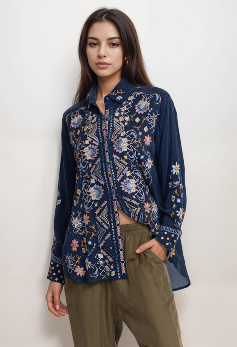 Johnny Was McKenzie Blue Night Rayon Blouse C17723