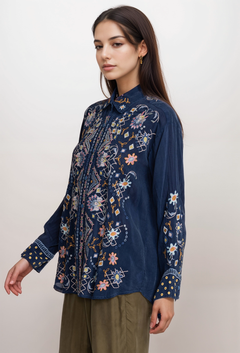 Johnny Was McKenzie Blue Night Rayon Blouse C17723