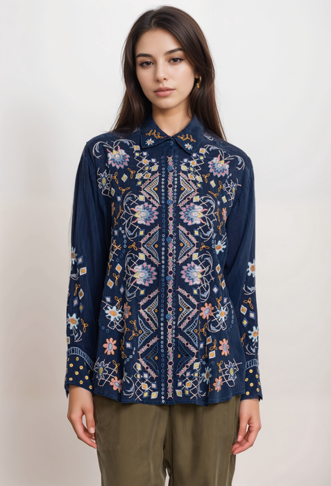 Johnny Was McKenzie Blue Night Rayon Blouse C17723