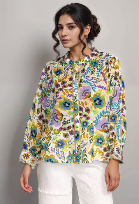 Johnny Was W11923 Ikat Bloom Shirred Yoke Blouse