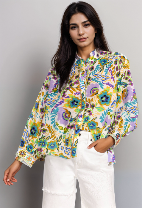 Johnny Was W11923 Ikat Bloom Shirred Yoke Blouse