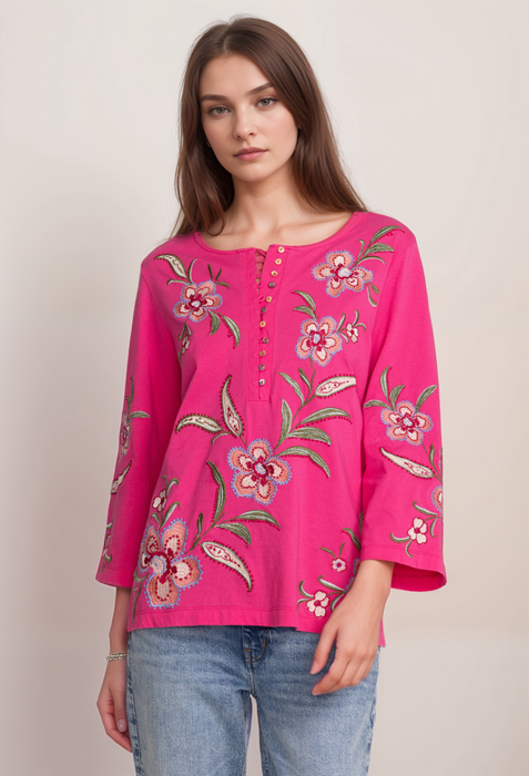 Johnny Was JWLA Style J13124 Flamingo Pink Libbi 3/4 Sleeve Button Front Embroidered Tee Boho Chic