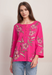 Johnny Was JWLA Style J13124 Flamingo Pink Libbi 3/4 Sleeve Button Front Embroidered Tee Boho Chic