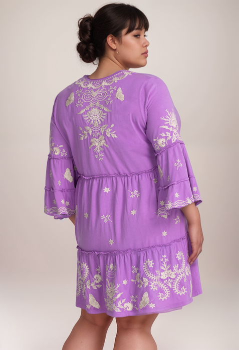 Johnny Was JWLA Purple Arzella Knit Embroidered Easy Tiered Dress Plus Size J35322