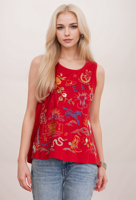 Johnny Was Style R12624 Red Texas Knit Embroidered Tank Top