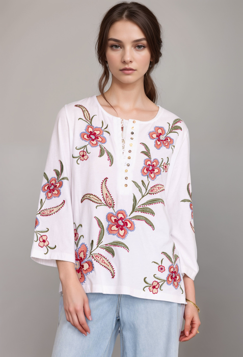 Johnny Was JWLA Style J13124 Off-White Libbi 3/4 Sleeve Button Front Embroidered Tee Boho Chic