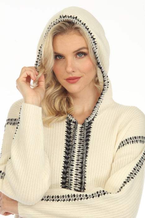 Johnny Was Cream Beltran Multi Color Whipstitch Hooded Baja Sweater Boho Chic M67623