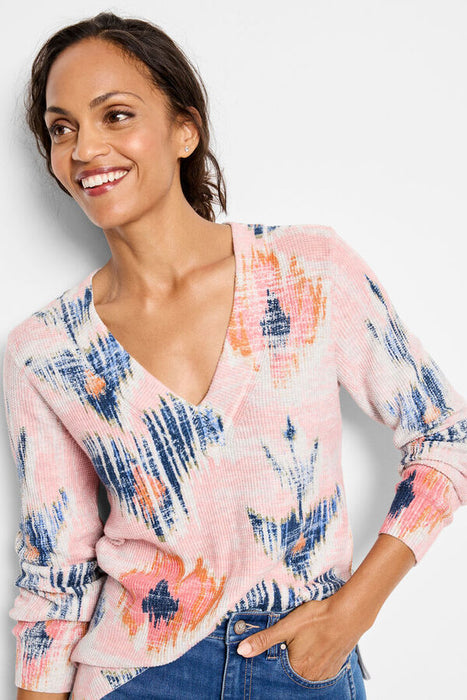 NIC+ZOE F241112 Abstract Floral Waffle Stitch V-Neck Sweater