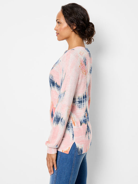 NIC+ZOE  Abstract Floral Waffle Stitch V-Neck Sweater F241112