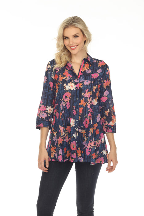 NIC+ZOE Pink/Multi Glowing Blossom Crinkle Button Front Top S221609