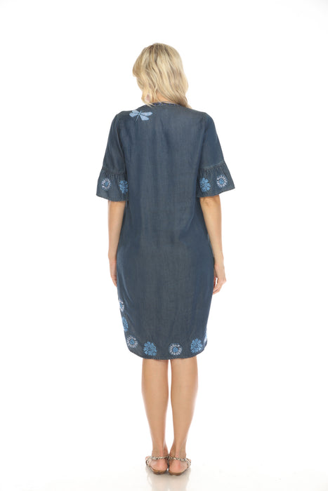 Johnny Was Workshop Denim Blue Tarra Ruffle Sleeve Shirt Dress Boho Chic W35424