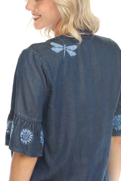 Johnny Was Workshop Denim Blue Tarra Ruffle Sleeve Shirt Dress Boho Chic W35424