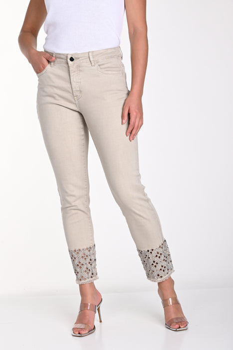 Frank Lyman Design Style 241314U Beige Denim Cutout Embroidered Hem Skinny Jeans