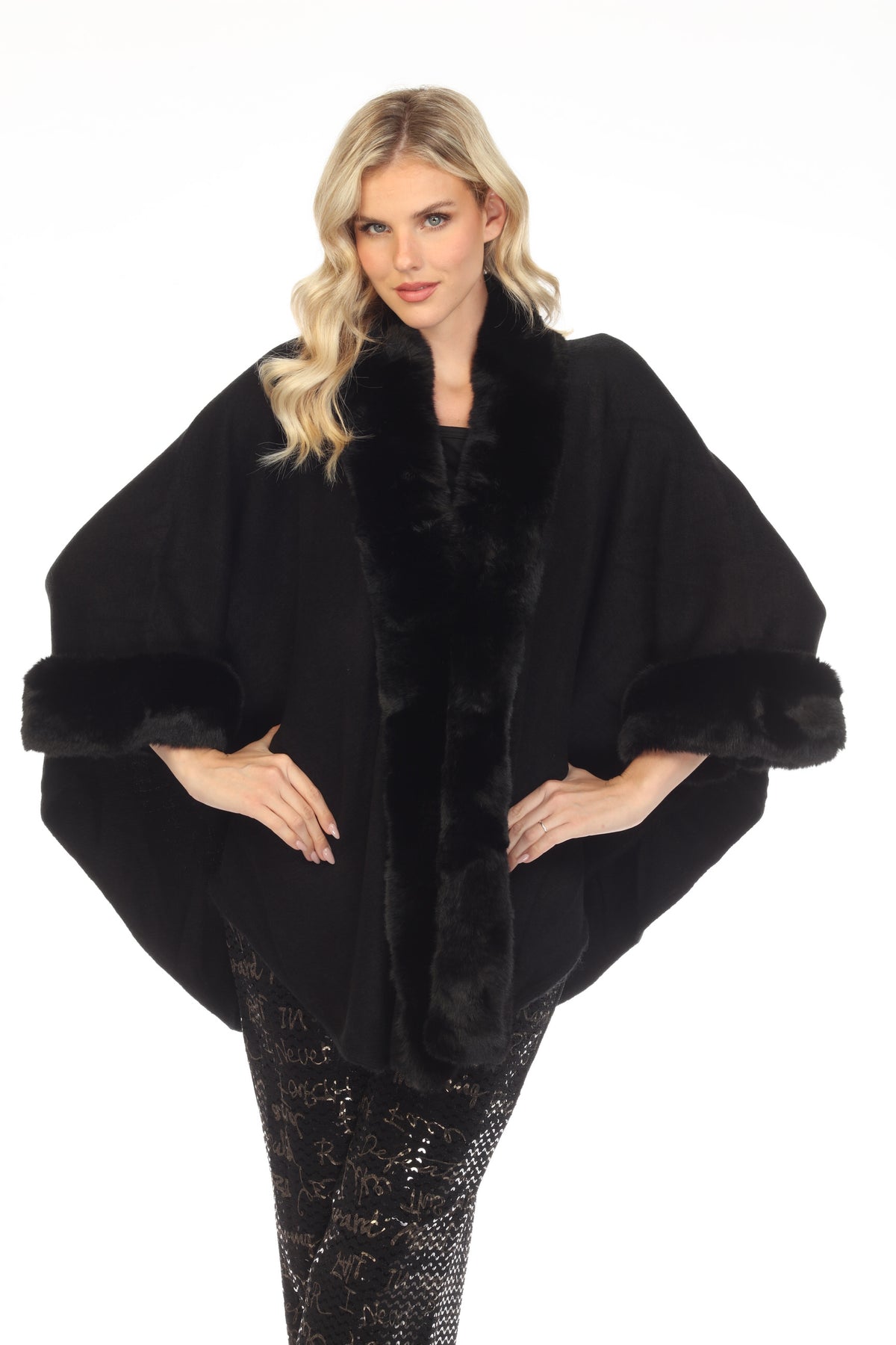 Frank Lyman Design Black Faux Fur Trim Knitted Cape Poncho 223445U NEW ...