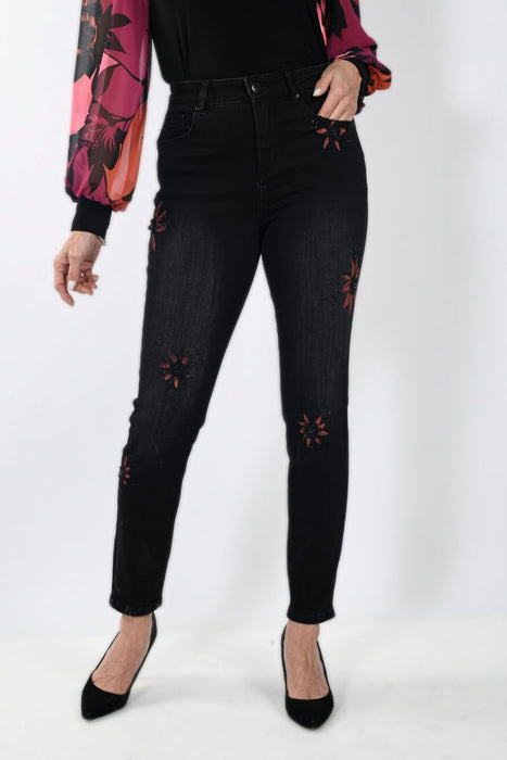 Frank Lyman Design Style 233886U Black/Magenta Floral Appliqué High-Waist Skinny Jeans