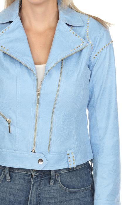 Insight New York Blue Studded Vegan Leather Moto Jacket BCJ8987