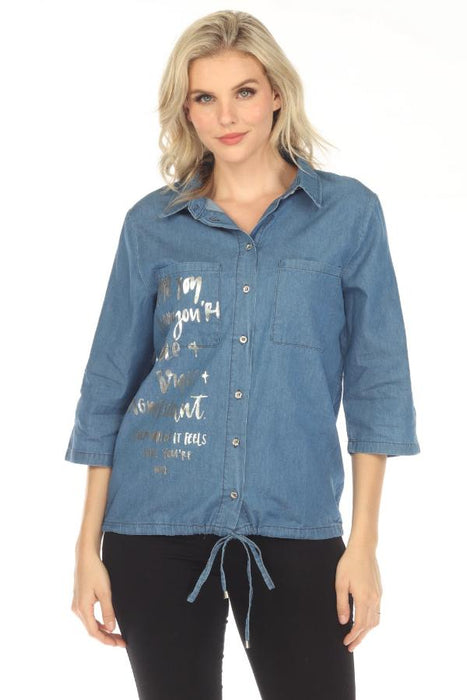 Jane & John by Tricotto Style J-217 Denim Blue Foil Printed Drawstring Waist Shirt