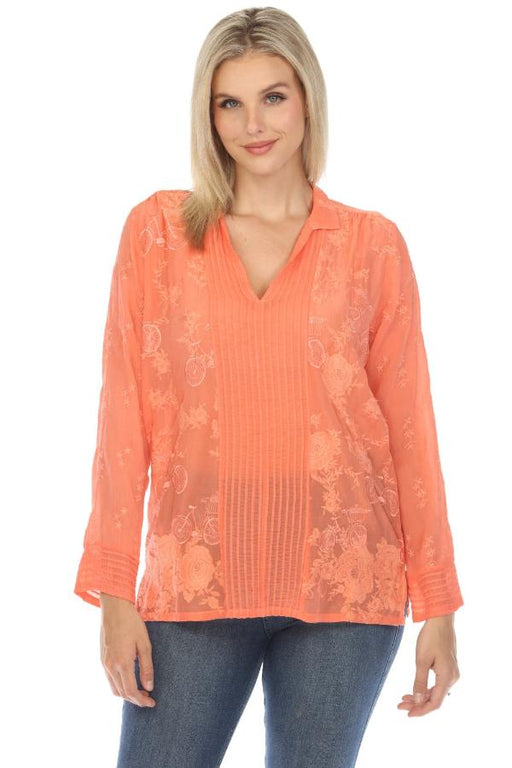 Johnny Was Style C12024 Aimee Ryder Pleated Embroidered Blouse Boho Chic