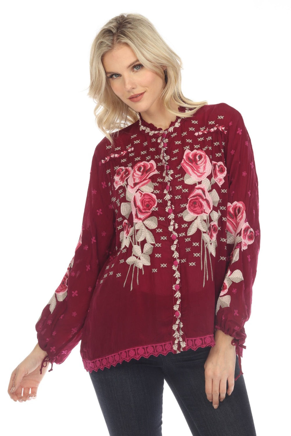 Johnny Was Red Embroidered cheapest Boho Tunic Cupra Rayon Tops SZ M