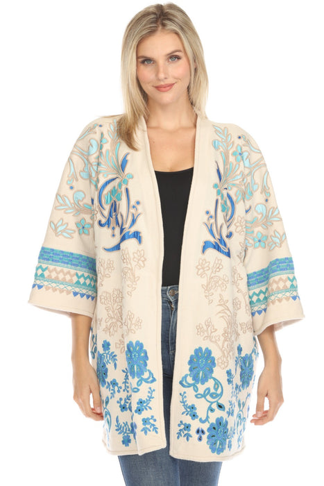 Johnny Was Biya Style B58324-E Beige Alvina Open Front Embroidered Kimono