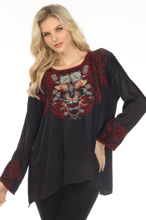 Johnny Was Biya Style B10820B9 Black Adira Satin Embroidered Blouse Boho Chic