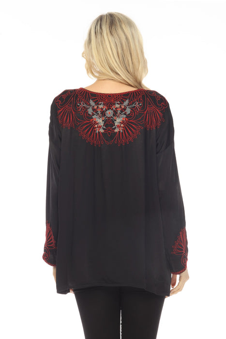 Johnny Was Biya Black Adira Satin Embroidered Blouse Boho Chic B10820B9