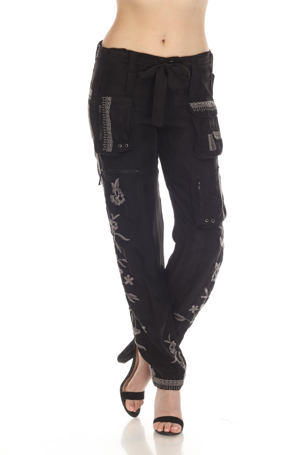 Johnny Was Biya Black Aventura Embroidered Belted Cargo Pants Chic B64 ...