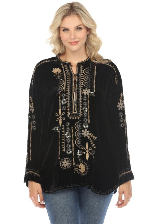 Johnny Was Biya Style B23823BO Black Belina Velvet Embroidered Tunic Top Boho Chic