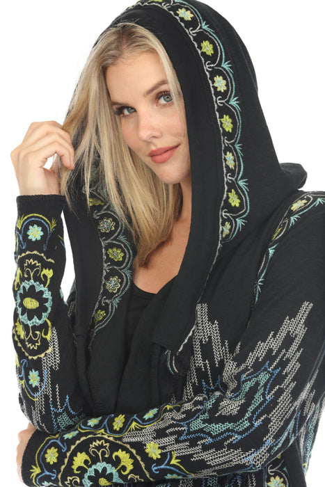 Johnny Was Biya Black Bianca Ribbed Hoodie Boho Chic B56224