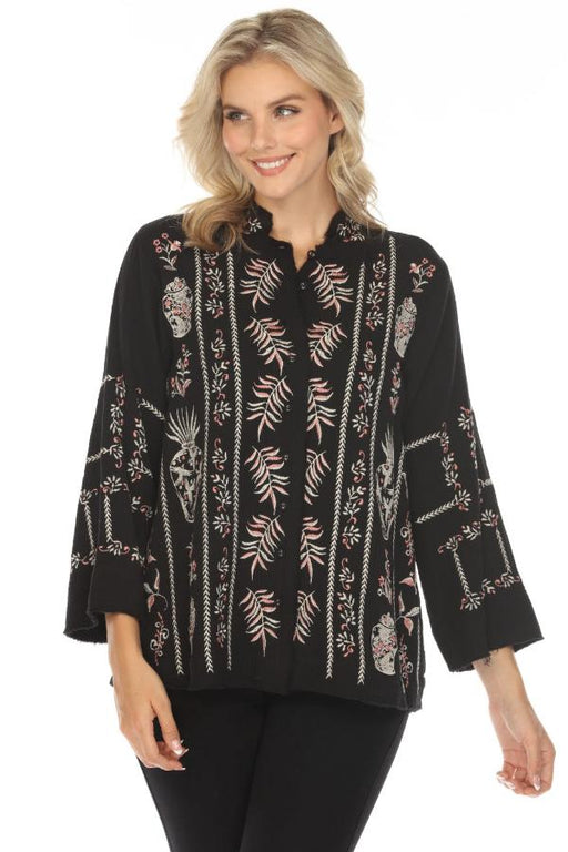 Johnny Was Biya Style B42924B6 Black Embroidered Button-Down Blouse Boho Chic