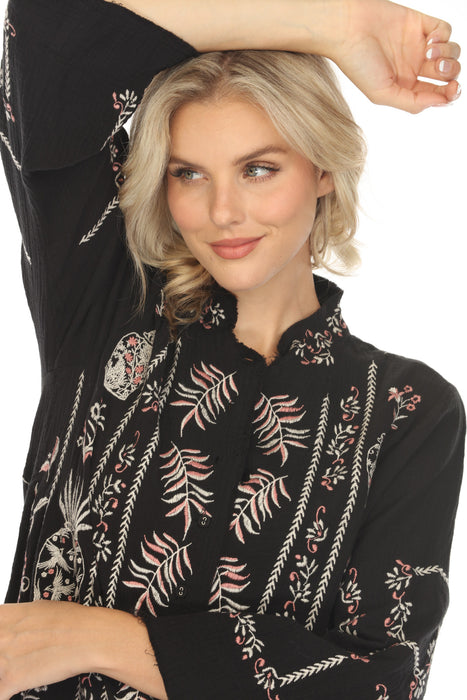 Johnny Was Biya Black Embroidered Button-Down Blouse B42924B6 Boho Chic