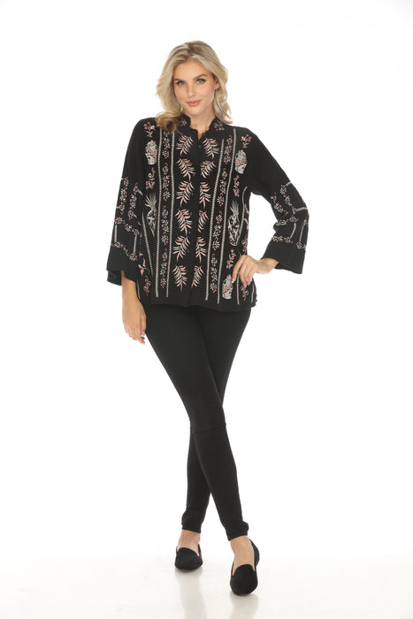 Johnny Was Biya Black Embroidered Button-Down Blouse B42924B6 Boho Chic