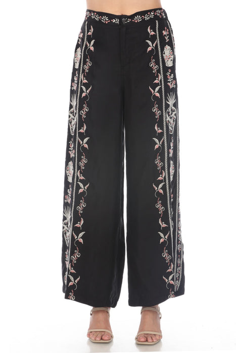 Johnny Was Biya Style B67924 Black Embroidered Comfort Wide Leg Pants Boho Chic