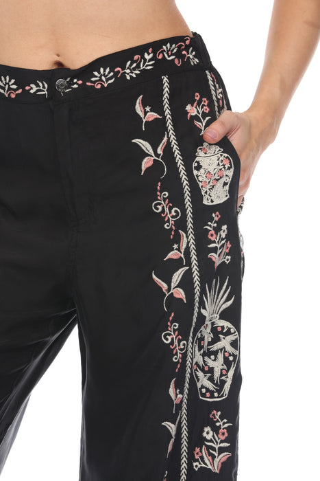 Johnny Was Biya Black Embroidered Comfort Wide Leg Pants Boho Chic B67924