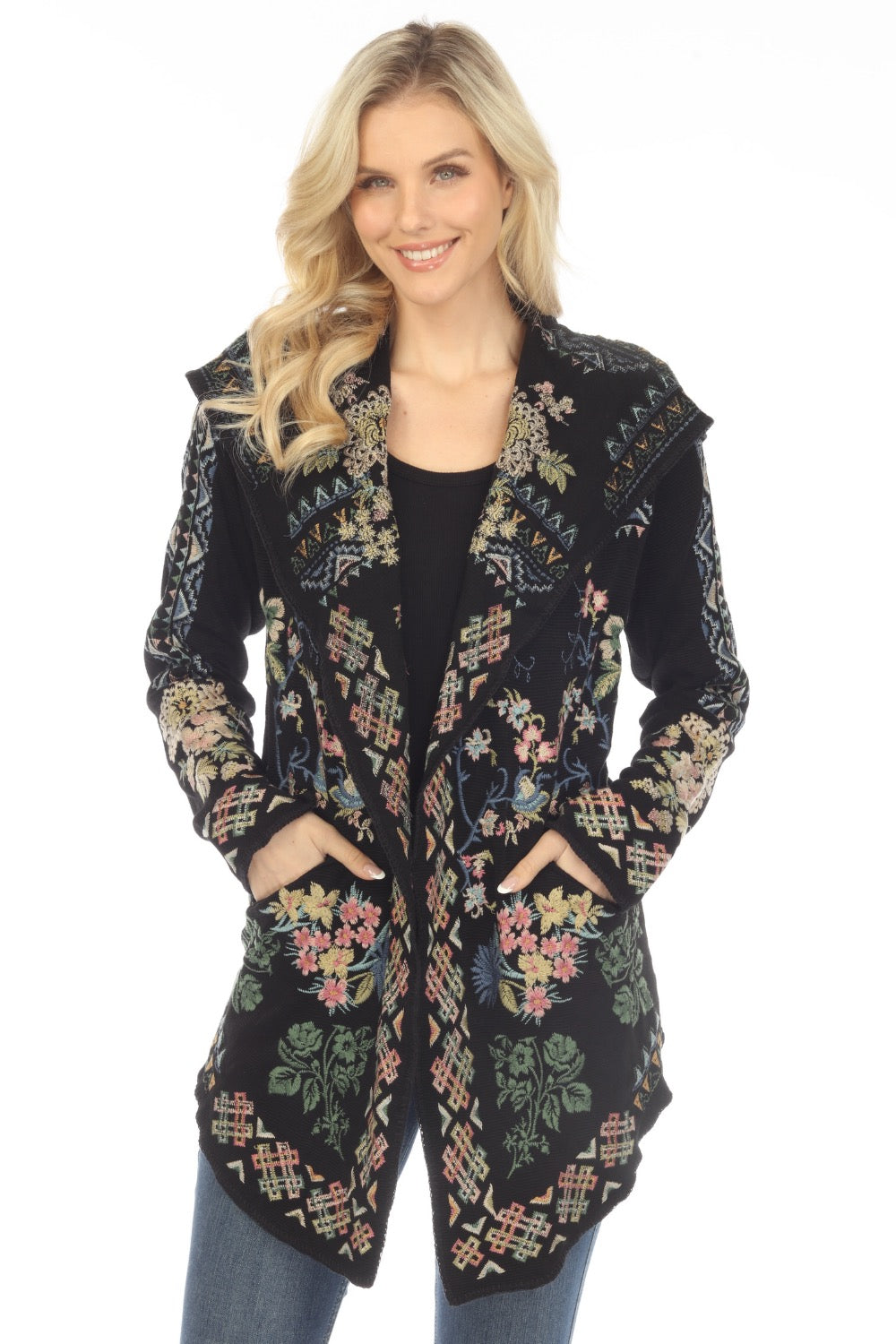 Johnny Was Biya Fayetta Embroidered Short Hoodie Cardigan Boho