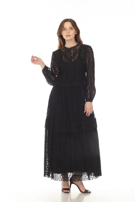 Johnny Was Biya Style B34722-O Black Luna Lace Long Sleeve Maxi Slip Dress Boho Chic