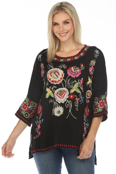 Johnny Was Biya Style B13524B3 Black Spring Willow Embroidered Blouse Boho Chic