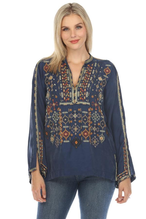 Johnny Was Biya Style B12323-E Blue Night Luca Embroidered Blouse Boho Chic