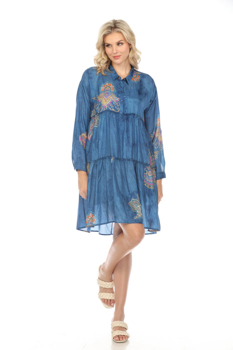 Johnny Was Biya Style B31524 Blue Sascha Silk Tiered Shirt Dress Boho Chic