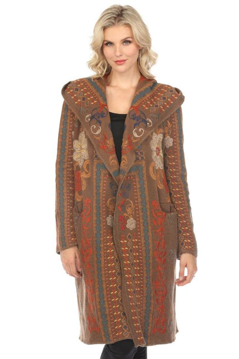 Johnny Was Biya Style B54523 Brown Fabiana Embroidered Hooded Duster Boho Chic