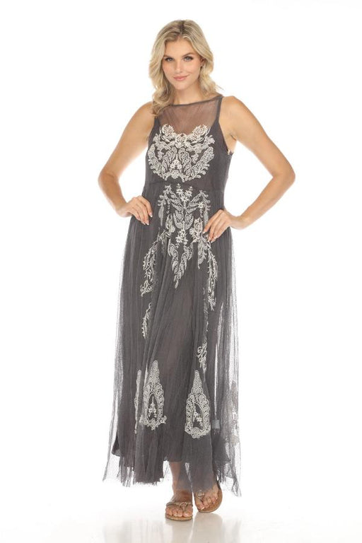 Johnny Was Biya Style 8887 Grey Driftwood Mesh Embroidered Maxi Dress Boho Chic