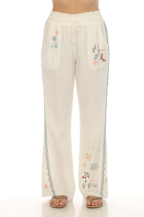 Johnny Was Biya Style JW0090 White Embroidered Gauze Wide Leg Pants