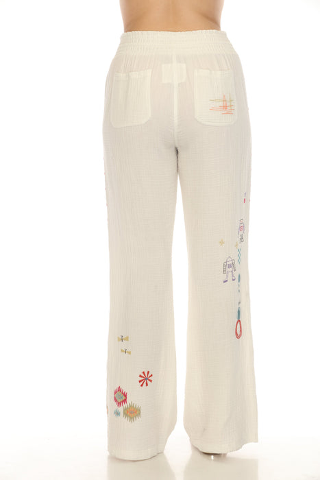 Johnny Was Biya White Embroidered Gauze Wide Leg Pants JW0090