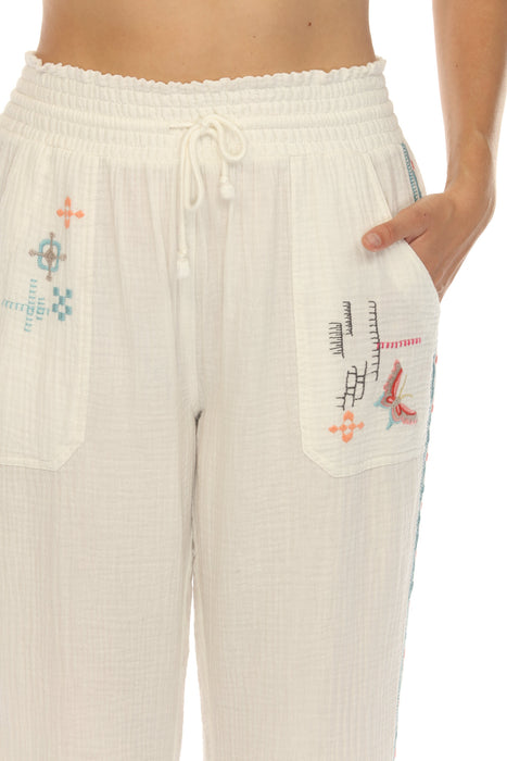 Johnny Was Biya White Embroidered Gauze Wide Leg Pants JW0090